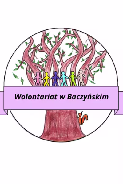 Grafika: Drzewo z ludzikami trzymającymi się za ręce i wiewiórką, na banerze: Wolontariat w Baczyńskim.